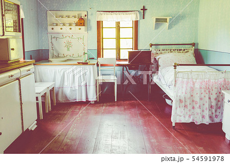 Open-air museum in Chorzow. Interior of wooden cot Open-air museum in Chorzow. Interior of wooden cot 54591978