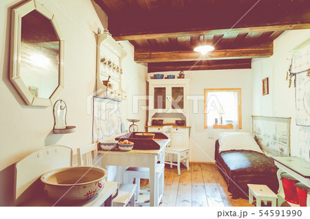Open-air museum in Chorzow. Interior of wooden cot Open-air museum in Chorzow. Interior of wooden cot 54591990
