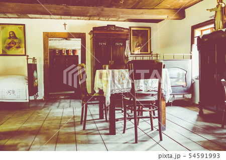 Open-air museum in Chorzow. Interior of wooden cot 54591993