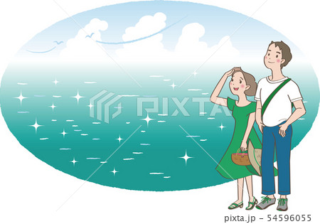 旅８ 男女のカップル 夏 海の背景 のイラスト素材