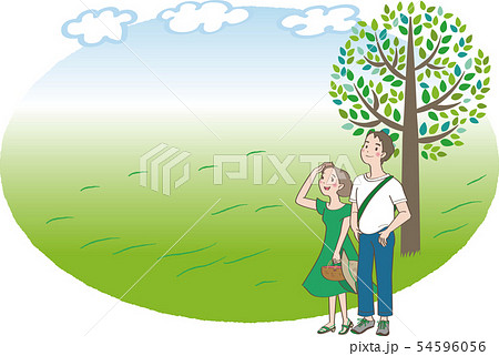 旅９ 男女のカップル 夏 草原の背景 のイラスト素材