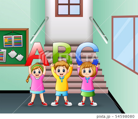 Little kid holding ABC letter in the hallway Little kid holding ABC letter in the hallway 54598080