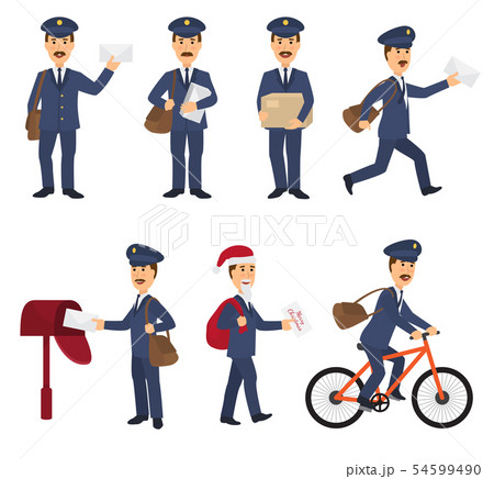 Postman mailman delivers mails in postbox or mailbox and post character carries mailed letters in 54599490