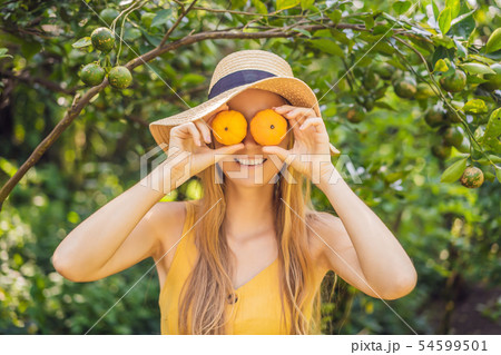 Portrait of Attractive Farmer Woman is Harvesting Orange in Organic Farm, Cheerful Girl in Happiness 54599501
