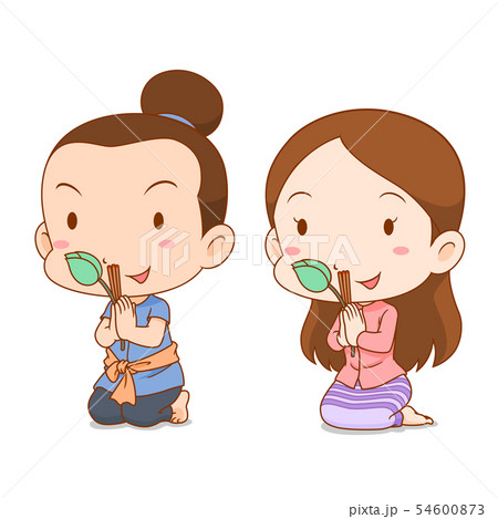 Thai couple praying with incense sticks and lotus. Thai couple praying with incense sticks and lotus. 54600873