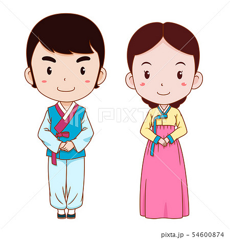 Cute couple cartoon in Korean traditional costume. - Stock Illustration  [54600874] - PIXTA