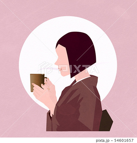 着物でコーヒーを飲む女性のイラスト素材