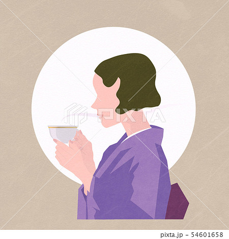 着物で紅茶を飲む女性のイラスト素材