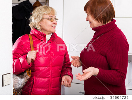 Senior woman welcoming female friend Senior woman welcoming female friend 54604722