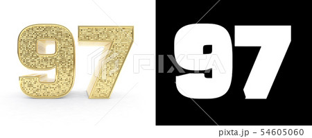 Golden number ninety seven (number 97) on white 54605060