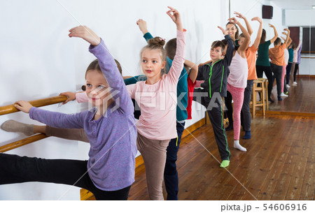 Young ballet dancers exercising in ballroom Young ballet dancers exercising in ballroom 54606916