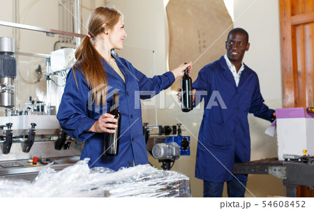 Two workers packing bottles at winery 54608452