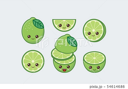 Lime Set Drawn Cute Kawaii Food Facesのイラスト素材