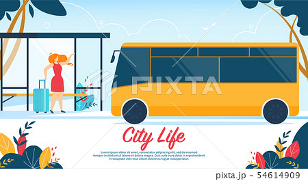 Woman Holding Suitcase Stand on Bus Stop City Life 54614909