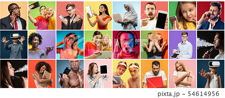 Portrait of people using different gadgets on multicolor background Portrait of people using different gadgets on multicolor background 54614956