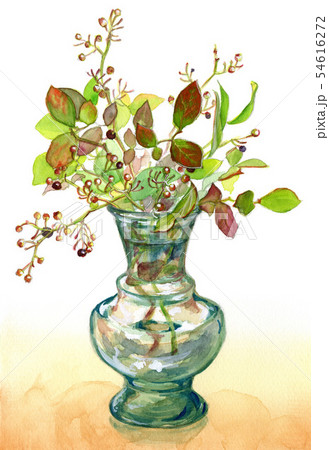 ブルーベリーの枝とガラスの花瓶のイラスト素材