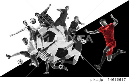 Male football players in action, creative black and white collage 54616617