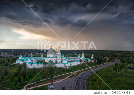 New Jerusalem Monastery in overcast weather, aerial view 54617343