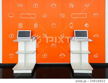Point orders online store orange color interior. Online shopping and processing room. E-point. Pick Point orders online store orange color interior. Online shopping and processing room. E-point. Pick 54618922