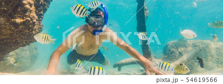 young men snorkeling exploring underwater coral reef landscape background in the deep blue ocean 54619566