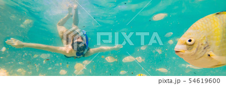 Happy young woman swimming underwater in the tropical ocean BANNER, LONG FORMAT Happy young woman swimming underwater in the tropical ocean BANNER, LONG FORMAT 54619600