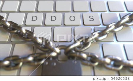 DDOS word on the keyboard with padlock and chains. Conceptual 3D rendering 54620538
