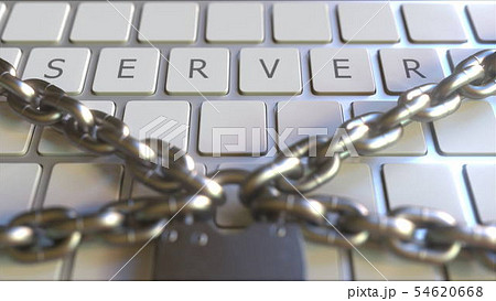 Padlock with chains on the keyboard with SERVER text on keys. Conceptual 3D rendering 54620668