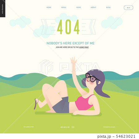 Error web page template - waving girl on green landscape background Error web page template - waving girl on green landscape background 54623021