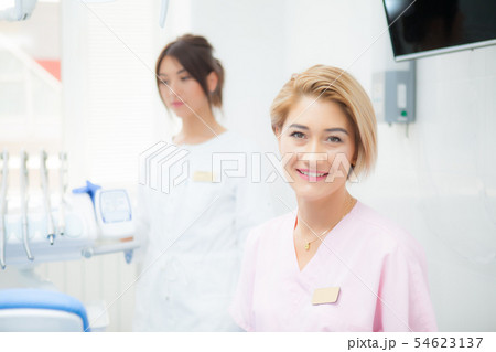 A blond dentist woman in a treatment room 54623137