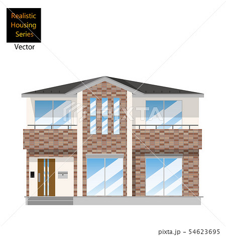 一戸建て タイル貼りの一軒家のイラスト 二階建て マイホーム 木造住宅 ベクターデータのイラスト素材