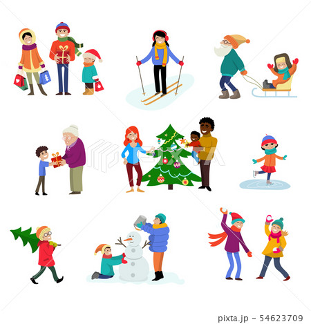 Winter holiday cartoon family characters kids play in wintertime with xmas tree and gifts for 54623709