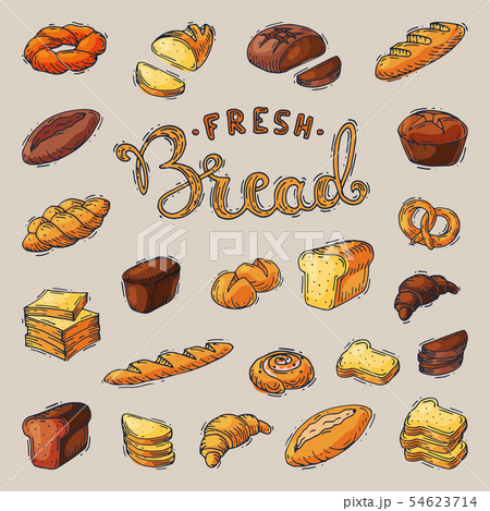 Bakery breadstuff baking bread loaf or baguette baked by baker in bakehouse set illustration 54623714