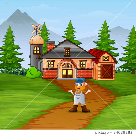 Old farmer standing showing his farmhouse Old farmer standing showing his farmhouse 54629292