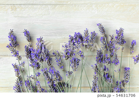 A fresh bouquet of blooming lavender flowers, shot from above on a rustic wooden background with A fresh bouquet of blooming lavender flowers, shot from above on a rustic wooden background with 54631706