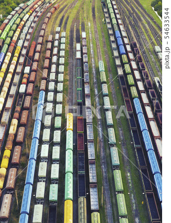Aerial view of freight trains on the railway 54633544