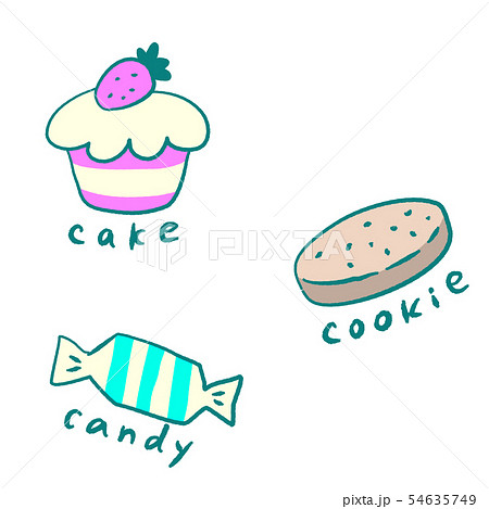 スイーツセット ケーキ クッキー キャンディ ゆるふわ手描き線画のイラスト素材