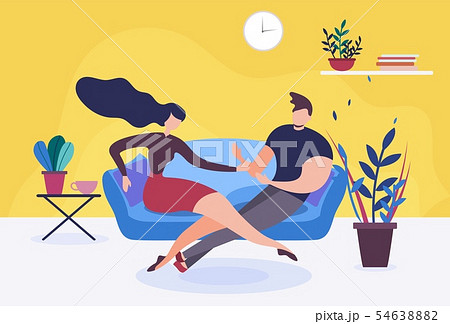 Couple in Love or Wife and Husband Sit on Sofa Couple in Love or Wife and Husband Sit on Sofa 54638882
