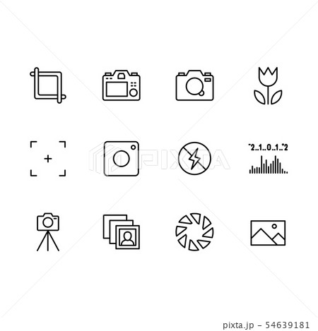 Photography and photo camera, video filming icon simple symbols set. Photo camera settings, shutter 54639181