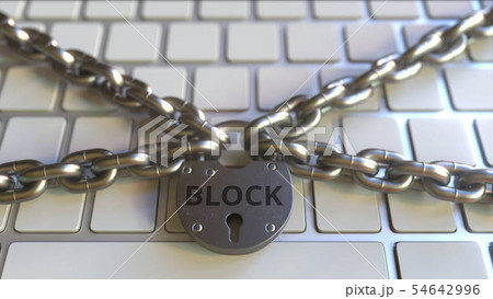 Padlock with BLOCK text on the computer keyboard. Blocking or restriction related 3D rendering Padlock with BLOCK text on the computer keyboard. Blocking or restriction related 3D rendering 54642996