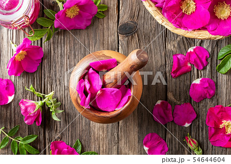 Fresh rosa rugosa flowers in a wooden mortar 54644604