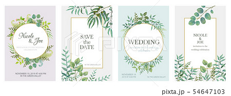 Wedding greenery posters. Floral green invitation cards with rustic garden branches and leaves 54647103