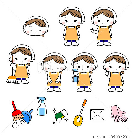 ハウスクリーニングスタッフ女性 清掃業者 清掃員 年末掃除の仕事 家政婦 お掃除道具一式イラストのイラスト素材
