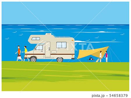 キャンプ 海 テント 犬 友だち キャンピングカーのイラスト素材