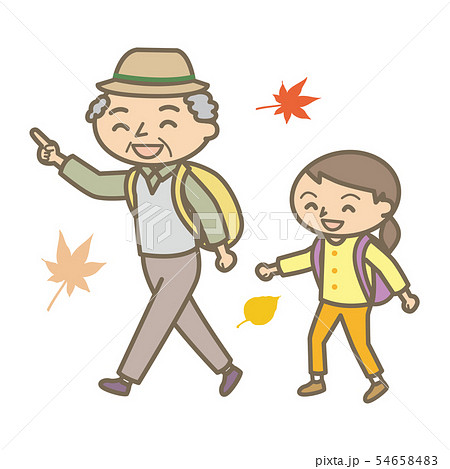 秋の行楽 歩いているおじいさんと女の子のイラスト素材