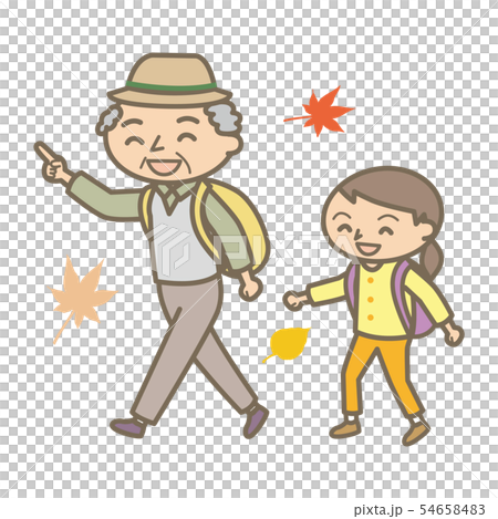 秋の行楽 歩いているおじいさんと女の子のイラスト素材