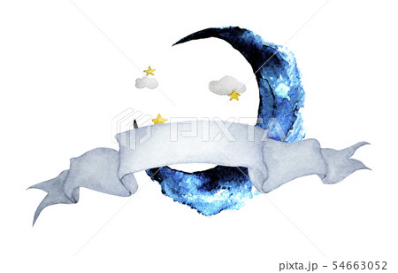 Ribbon for text and moon. Watercolor illustration. Ribbon for text and moon. Watercolor illustration. 54663052