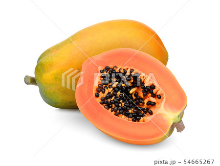 whole and half of ripe papaya fruit with seeds 54665267