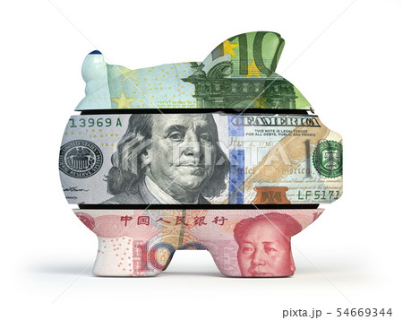 Piggy bank with dollar yuan and euro currency. Piggy bank with dollar yuan and euro currency. 54669344