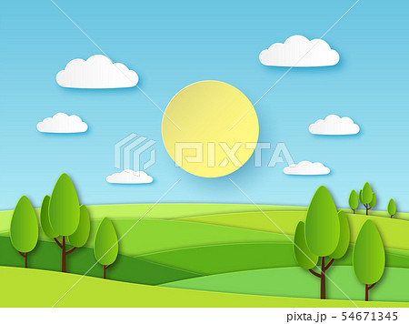 Paper summer landscape. Panoramic green field with trees and blue sky with white clouds. Layered 54671345