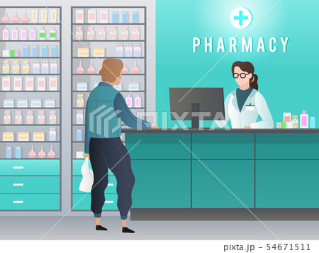 Drugstore. Pharmacy with pharmacist, customer with prescription buys medicine in medical shop 54671511